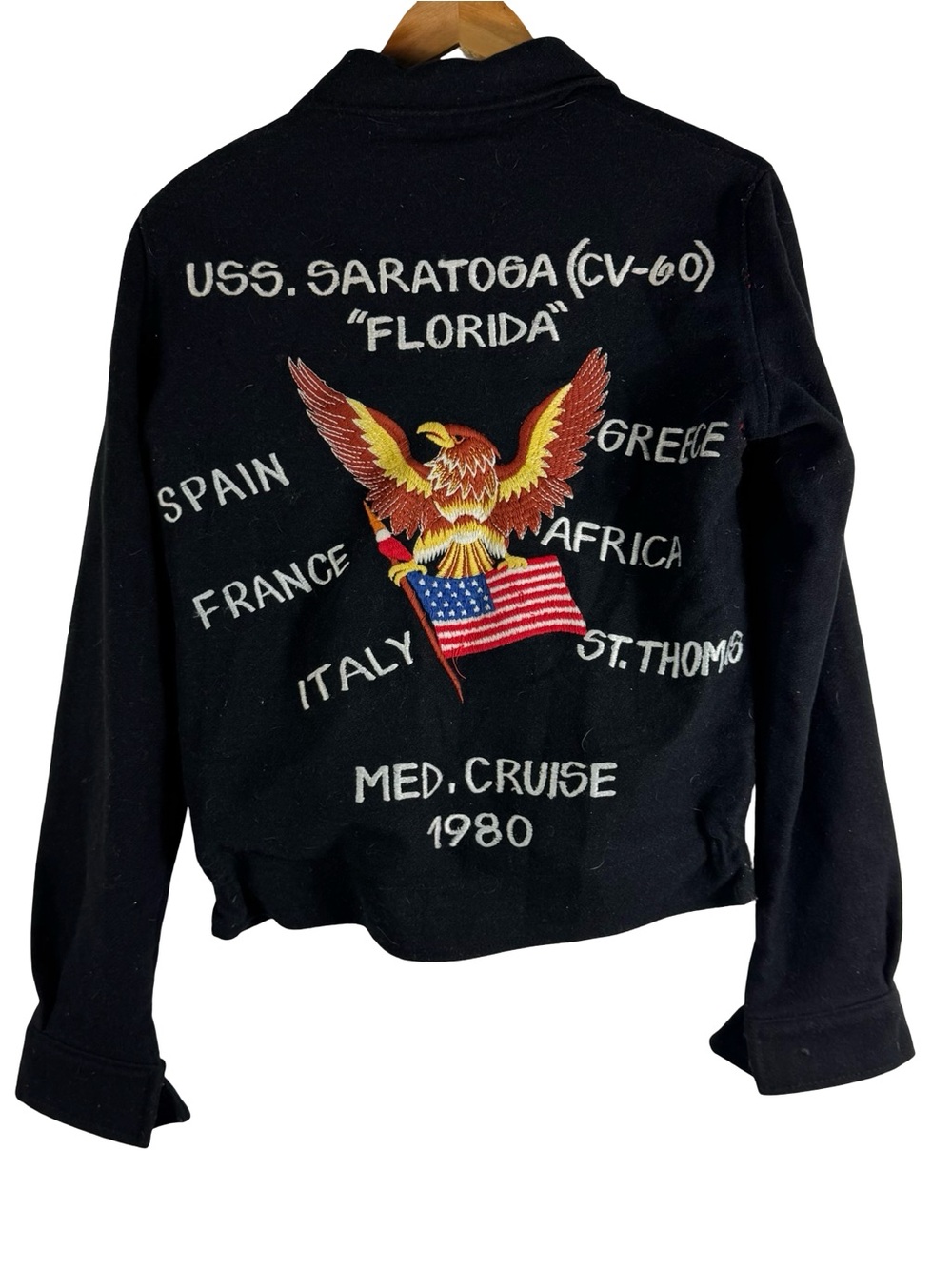 Vintage 80s USS Saratoga CV-60 Med Cruise Wool Zip Jacket Navy Military Souvenir